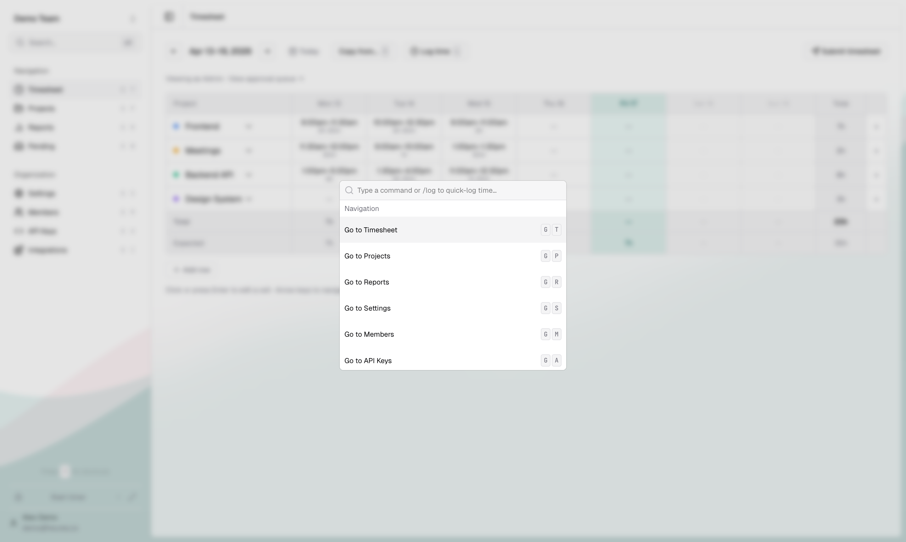 Heures command palette showing available actions