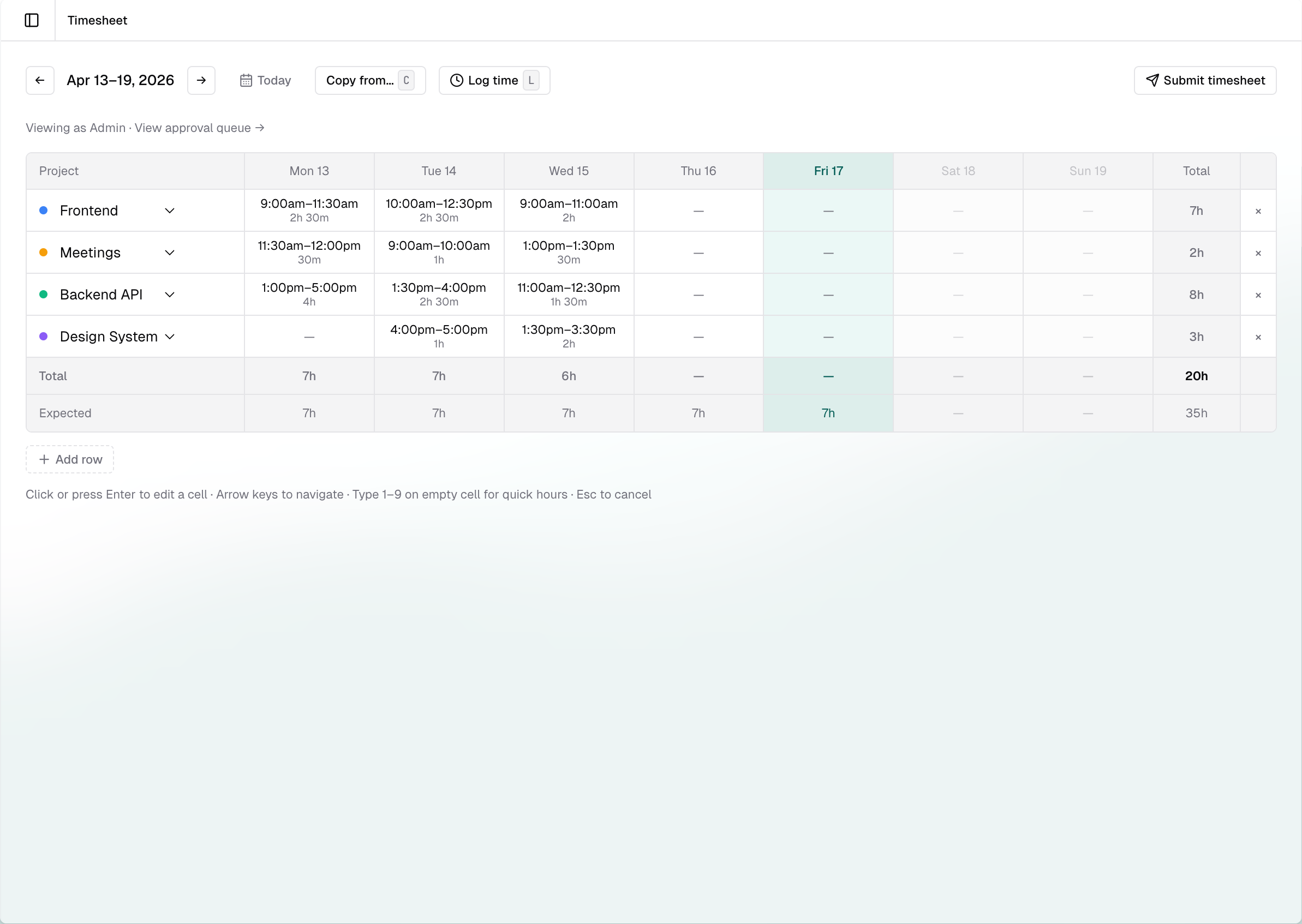 Heures timesheet grid showing a weekly view with time entries